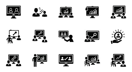 Poster - Set of Vector Icons Black and White Business Icons Depicting Meetings and Presentations. Vector Illustrations. EPS Editable