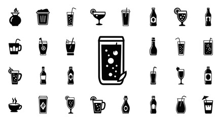 Poster - Set of Vector Icons Black and White Drink Icons Set Beverages Cocktails and Containers. Vector Illustrations. EPS Editable