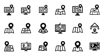 Poster - Set of Vector Icons Black Navigation Icons Maps Monitors and Location Pins for Wayfinding. Vector Illustrations. EPS Editable