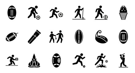 Poster - Set of Vector Icons Black Football Icons Depicting American Football Rugby and Sports. Vector Illustrations. EPS Editable