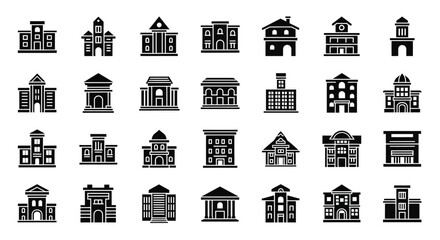 Poster - Set of Vector Icons Collection of Black and White Building Icons Representing Various Architectural Styles. Vector Illustrations. EPS Editable