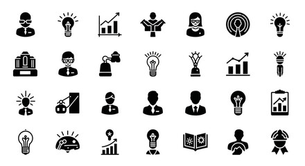 Poster - Set of Vector Icons Collection of Black and White Business Icons Representing Ideas and Concepts. Vector Illustrations. EPS Editable