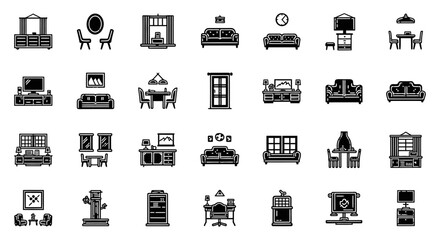 Poster - Set of Vector Icons Collection of Black and White Furniture Icons for Interior Design. Vector Illustrations. EPS Editable