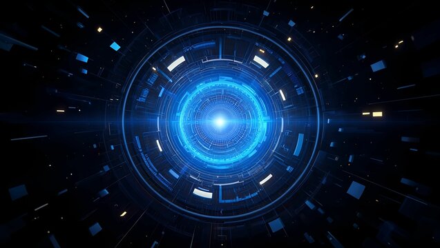 Abstract futuristic blue glowing circular portal with digital patterns and light streaks in dark space
