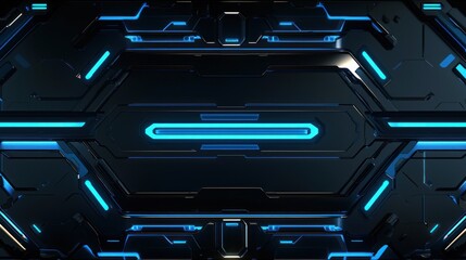 Poster - Abstract Futuristic Technology Background: Neon Blue Glowing Lines on Dark Metal Surface