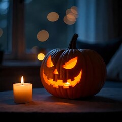 Wall Mural - Close-up of a pumpkin on a rustic wooden table in a dimly lit living room, blurred background with faint shadows, spooky atmosphere, autumn season. halloween