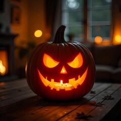 Wall Mural - Close-up of a pumpkin on a rustic wooden table in a dimly lit living room, blurred background with faint shadows, spooky atmosphere, autumn season. halloween