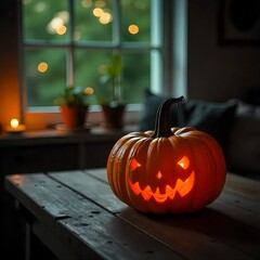 Wall Mural - Close-up of a pumpkin on a rustic wooden table in a dimly lit living room, blurred background with faint shadows, spooky atmosphere, autumn season. halloween