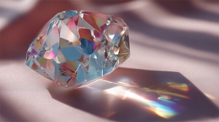 Poster - Sparkling crystal reflection on soft fabric captured in bright daylight showcasing intricate facets and vivid colors