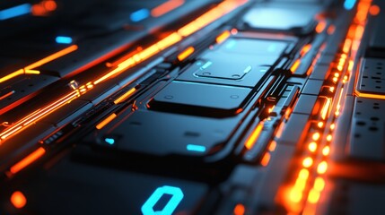 Fototapete - Futuristic Technology: Abstract Circuit Board with Glowing Orange and Blue Lines