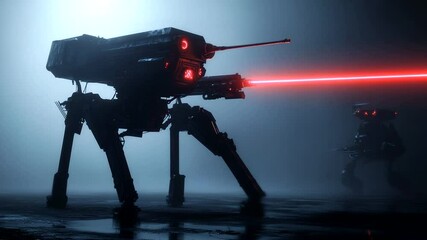 Futuristic war machine with red laser beam
