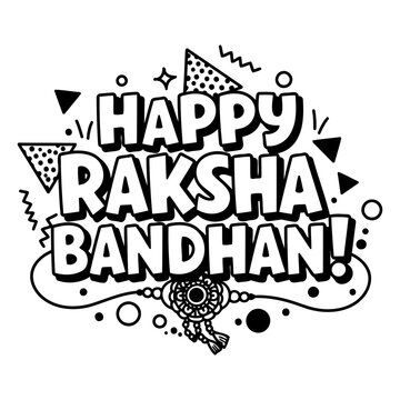 Happy Raksha Bandhan graphic design with celebratory text and design elements. Decorative graphic with a Rakhi design element and playful, graphic text style against a plain background.