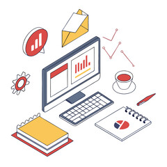 Poster - Isometric illustration of a modern workspace featuring a computer with charts a notebook with a pie chart a coffee cup an envelope a gear and a pen symbolizing business analytics and productivity