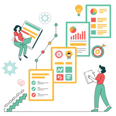 Poster - Illustrating a business strategy with a person using a laptop and another person reviewing documents surrounded by charts graphs gears a lightbulb and a target representing planning and success