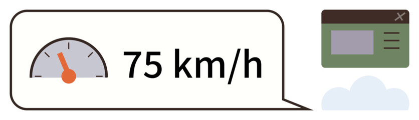 Poster - Speedometer at 75 kmh in speech bubble, digital dashboard, and cloud graphic. Ideal for speed tracking, telemetry, IoT, data visualization, smart tech, transportation simple flat metaphor