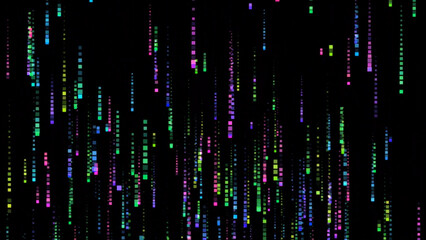 Poster - Abstract digital rain of colorful glowing squares falling against a dark black background creating a futuristic data stream effect