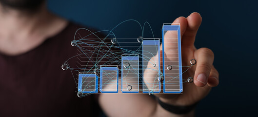 Poster - Man interacts with a digital bar graph showing business growth and data analysis.