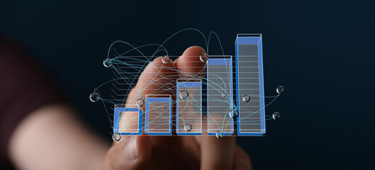 Poster - Stock photo of a hand interacting with a digital bar graph, showcasing business growth and data analysis.