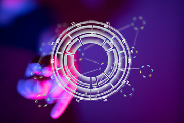 Poster - Futuristic digital dashboard.  Hand interacts with a glowing circular chart.