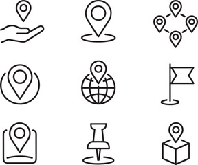 Poster - Maps and Location Pin Icons Set Vector Graphic Collection of Location Awareness Depicting Travel Destinations Navigation and Position On Hand Globe and Package