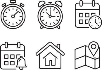 Poster - Simple Line Art Icons Representing Time Management, Scheduling, Location, and Home Featuring Stopwatch, Alarm Clock, Calendar, Map Pointer, and House Symbol