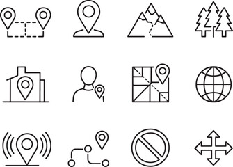 Poster - Vector Graphics Displaying a Collection of Location, Route, Travel and Direction Icons Depicting Concepts of Navigation, Tourism, Destinations, and Mapping Applications for Digital Design