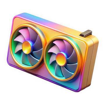 Futuristic dual fan graphics card with iridescent metallic finish