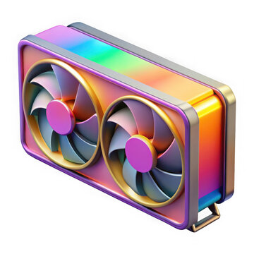 Futuristic dual fan graphics card with vibrant rainbow rgb lighting