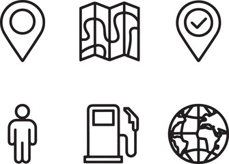 Poster - Line Art Iconography Depicting Travel and Exploration Elements Such as Map Pin Location Gas Person Earth Destination Trip and World Map