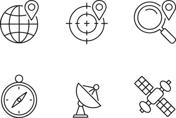 Poster - Navigation and Location Icon Set A Visual Representation of Direction Finding Search and Global Connectivity Featuring a Compass Globe Satellite and Magnifying Glass Symbols