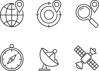 Poster - Navigation and Location Icons Depicting Globe, Target, Magnifying Glass, Compass, Satellite Dish, and Satellite Conveying Exploration, Guidance, and Technological Connectivity Themes