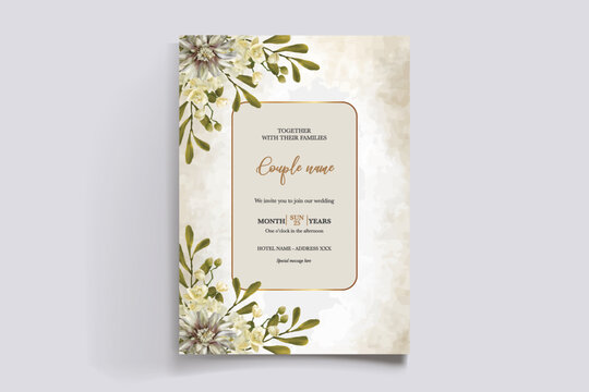 WEDDING INVITATION FRAME WITH FLOWER DECORATIONS AND FRESH LEAVES