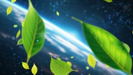 Wall Mural - abstract green leaves flying in space: a beautiful 3d illustration with a starry background