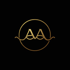 Fototapete - Elegant golden AA monogram logo, encircled by a sophisticated frame with decorative lines, set against a sleek black background, ideal for luxury branding.