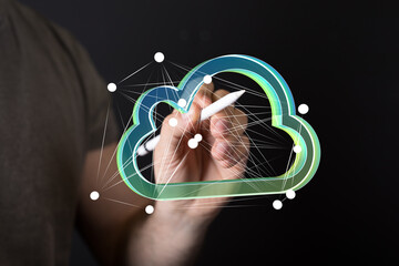 Poster - Conceptual image depicting cloud computing network, data connections, and digital innovation.