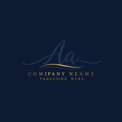 Fototapete - Elegant script letter 'Aa' logo design template featuring a luxurious golden swirl on a sophisticated dark blue background, ideal for branding.