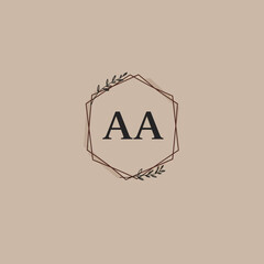 Fototapete - Elegant geometric logo design with intertwined letters AA and delicate botanical elements on a soft beige background.