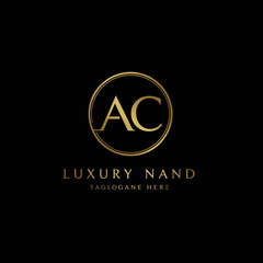 Fototapete - An elegant golden circle logo featuring the initials 'AC' prominently, set against a sleek black background, perfect for luxury branding and sophisticated corporate identity.
