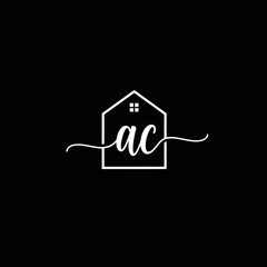 Fototapete - A modern white line art logo displays the elegant 'ac' letters in beautiful script typography, perfectly framed within a house outline on a stark black background.