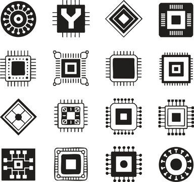Black and white vector icon set for web, computer, and internet design, featuring symbols for media, business, video, phone, camera, and documents