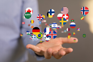 Poster - Image of hands holding various flags, symbolizing international business and global reach.