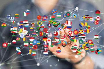 Poster - Image of a hand interacting with a network of flags representing global connections and international relations.