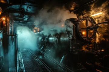 Poster - Steaming engine room illuminated by flashing lights creates a captivating atmosphere of vintage machinery, Steaming Engine Room With Flashing Light
