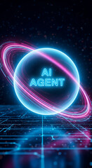 Poster - Futuristic glowing ai agent concept with neon light and digital circuitry background
