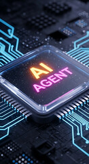 Poster - Glowing ai agent chip set on a sophisticated computer circuit board close up