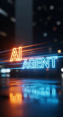 Poster - Glowing neon ai agent text concept on reflective surface representing futuristic technology