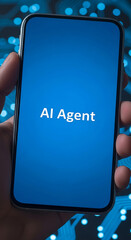 Poster - Human hand holding a smartphone screen displaying the text ai agent in white letters.