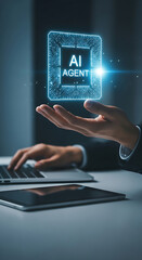 Poster - Person interacting with futuristic ai agent concept presented with digital glowing circuit board.