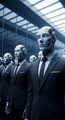 Poster - Sophisticated artificial intelligence robots dressed in suits standing in a futuristic business environment