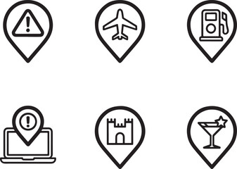 Poster - Vector Illustration of Map Pointer Icons Representing Various Points of Interest, Including Warning, Airport, Gas Station, Laptop, Castle, and Cocktail Bar Locations
